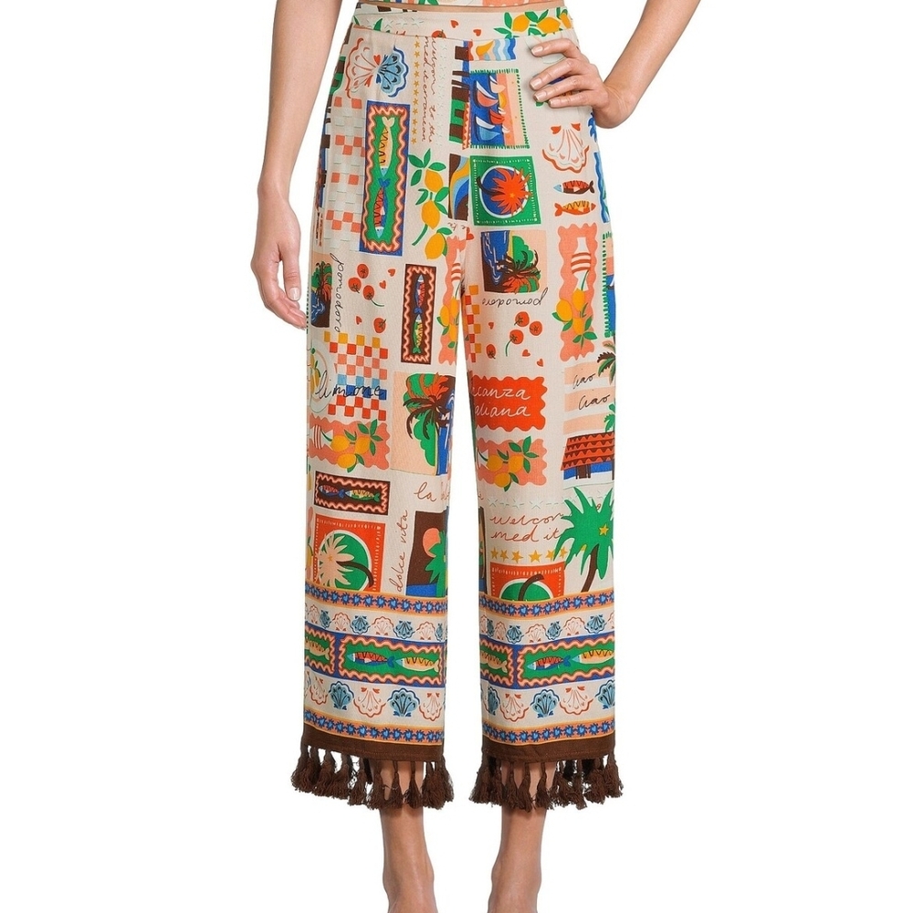NWT Sugarlips Coordinating Postcard Print High Waisted Wide-Leg Tassel Hem Sz 2x